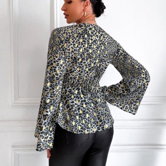 Leopard & Gold Dot Print Trumpet Sleeve Knotted Pe - Picture 5 of 6